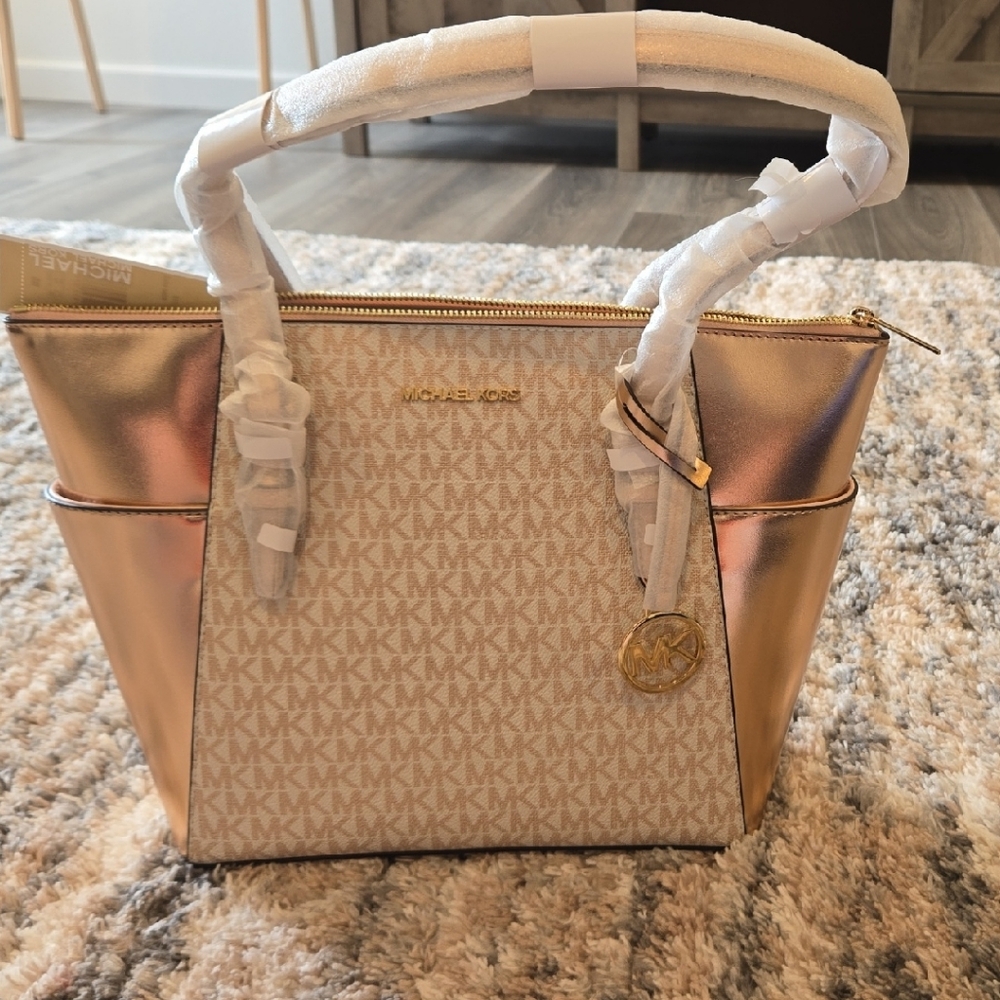 Michael Kors Metallic Rose and Cream Tote
